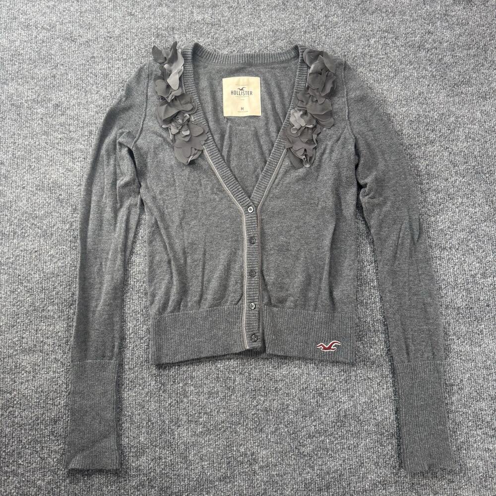 Vintage Y2K Hollister Shirt Top Long Sleeve Ruffle Flowers Size Medium Grey